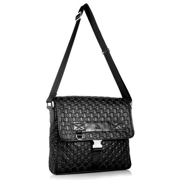 1:1 Gucci 246067 Men's Medium Messenger Bag-Black Guccissima Leather